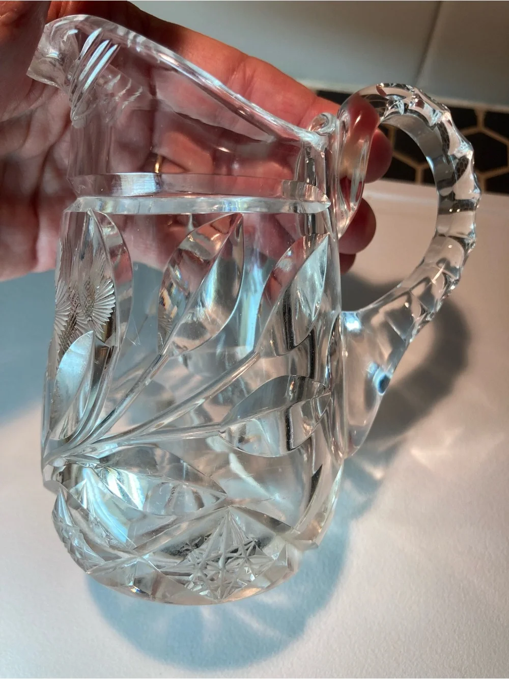 Antique 1900's Miniature Cut Crystal Floral Daisy pitcher jug